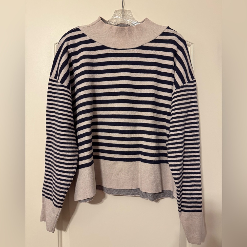 Maeve Anthropologie Carys Navy and Cream Striped Turtleneck Sweater